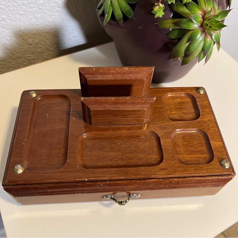 Vintage Men’s Wooden Jewelry Box Valet Change Holder With Drawer Brown Lining